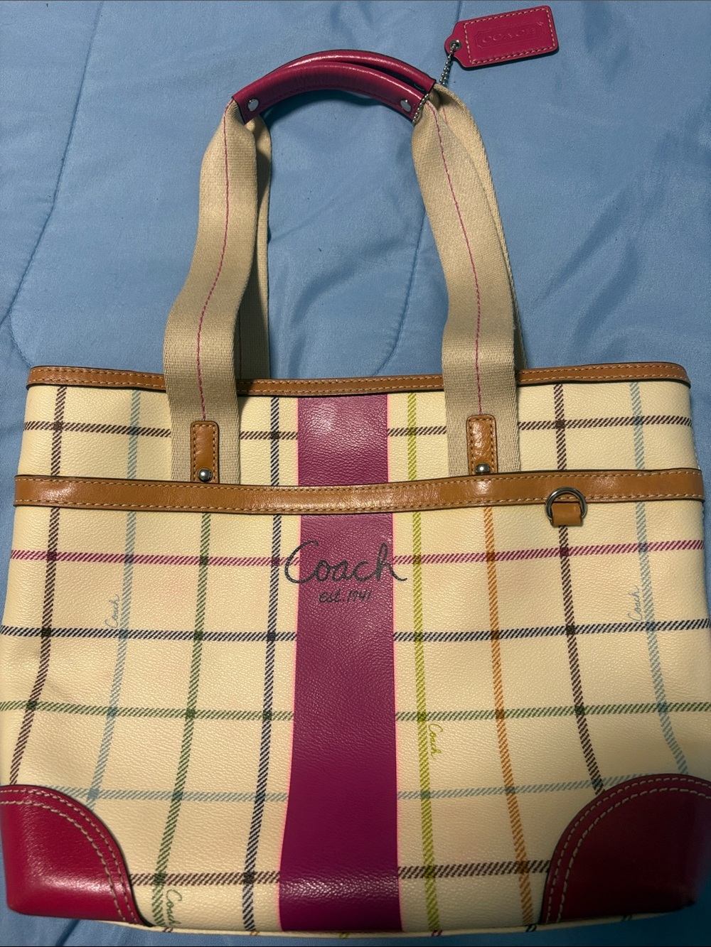 Coach Cream Plaid Tote with Pink Center Stripe and Pink Accents